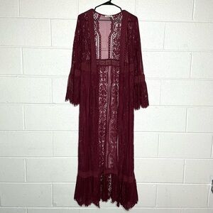 < Boho Burgundy Lace Duster Cardigan With Bell Sleeves >